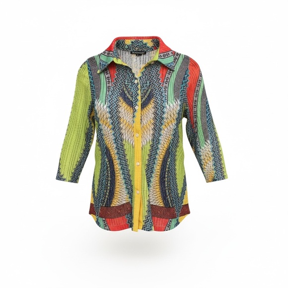 Tops - Boho Chic Global Vibe Colorful Patterned  Button-Up Sheer Cover Shirt Women’s M